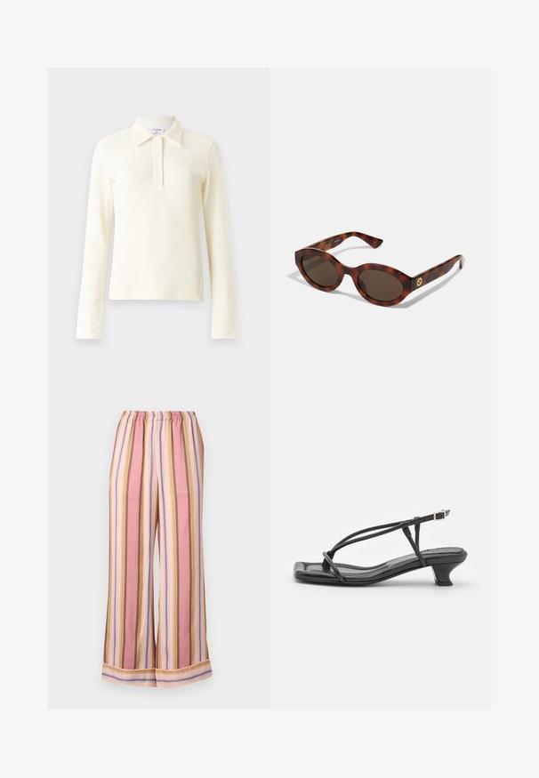 Cream ribbed long-sleeve polo shirt with a collar and three-button placket. Features fitted cuffs and a soft, textured fabric.; Striped pajama pants featuring an elastic waistband, wide legs, and alternating pink, lavender, and yellow stripes with a smooth texture.; Black leather sandal with thin straps, low block heel, and square toe. Features a buckle closure and smooth texture.; Tortoiseshell sunglasses with rounded frames, dark lenses, and gold logo detailing on the temples. Smooth plastic material, no visible patterns.