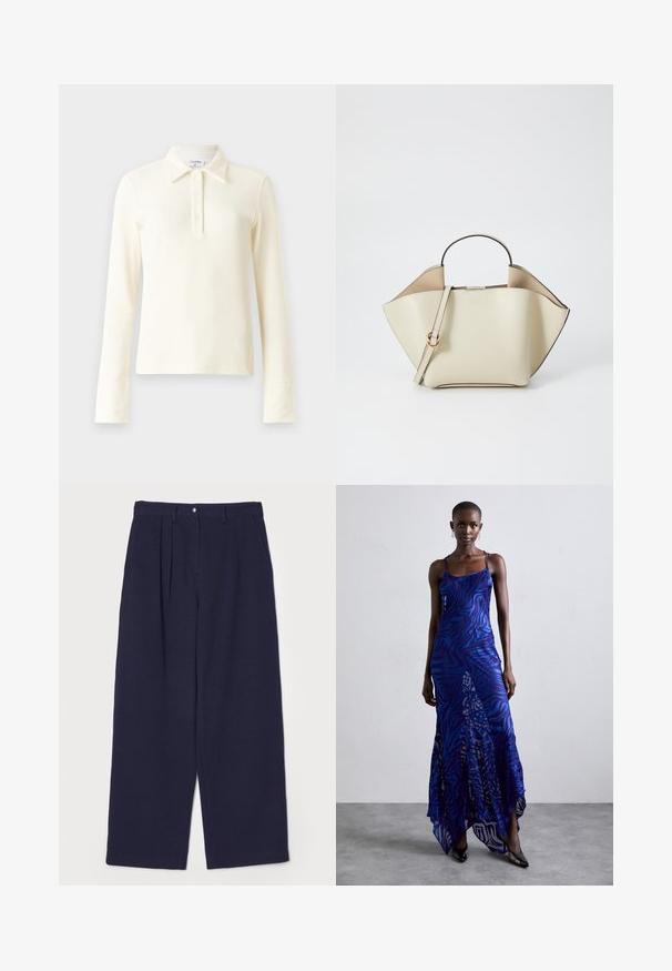 Kreminė smulkiai raukšlėta ilgomis rankovėmis polo maikė su apykakle ir trimis mygtukais. Išskirtinėm rankogaliais ir minkšta, tekstūruota medžiaga.; Tamsiai mėlynos plačios kelnės, pagamintos iš struktūruotos medžiagos, su priekine klostė, metaliniu sagčių uždarymu ir šoninėmis kišenėmis.; Mėlynas ir purpurinis gyvūnų rašto ilgas suknelė su plonomis petnešomis, prigludusia krūtinės dalimi, plačiu apvadu ir permatomais akcentais.; Ree Projects ANN - Rankinė - beige; Sidabriniai perlų auskarai su kreivai suformuota pupelės forma. Lygus, blizgus paviršius, uždaromi segtuku ir atgaline fiksacija.