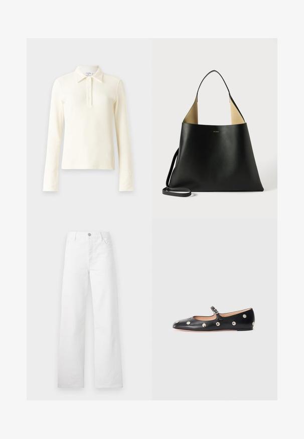 Kremowa, żeberkowana bluzka polo z długim rękawem, z kołnierzykiem i zapięciem na trzy guziki. Posiada dopasowane mankiety oraz miękką, teksturowaną tkaninę.; Białe dżinsy z szerokimi nogawkami, wykonane z denimu bawełnianego. Posiadają zapięcie na guzik i zamek, klasyczne przednie kieszenie oraz prosty, nieozdobiony design.; Czarne skórzane buty typu Mary Jane na płaskim obcasie z zaokrąglonym czubkiem, ozdobione srebrnymi okrągłymi ćwiekami oraz regulowanym paskiem z klamrą.; Czarna skórzana torba na ramię o przestronnym, kanciastym kształcie. Wyposażona w kontrastowe, jasnobrązowe wnętrze i cienki pasek na ramię. Minimalistyczne logo.
