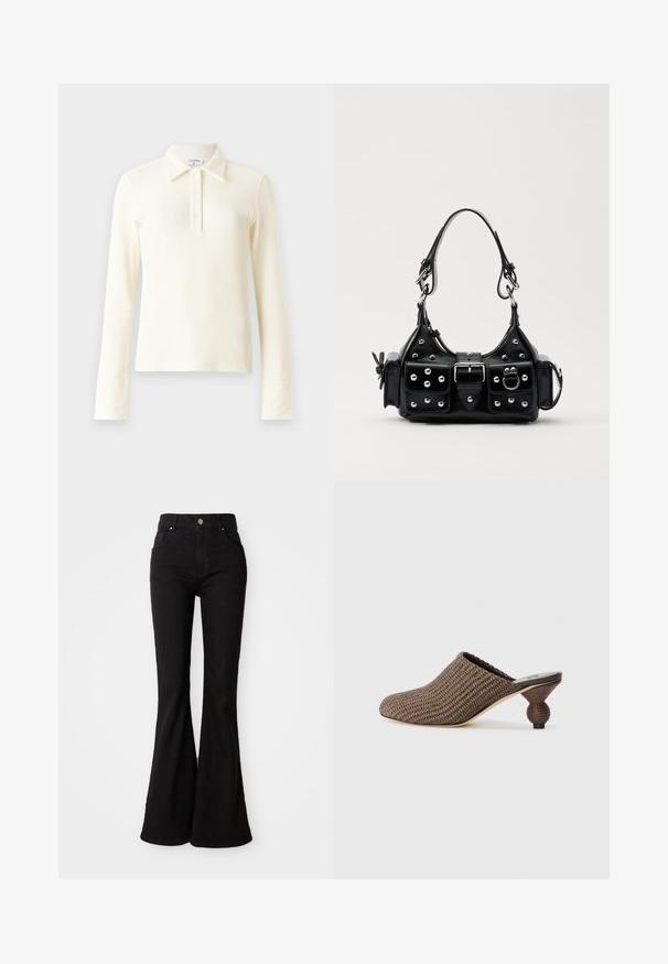 Krémová rebrová polo košeľa s dlhým rukávom, golierom a zapínaním na tri gombíky. Má priliehavé manžety a mäkkú, textúrovanú látku.; Čierne rozšírené džínsy vyrobené z denimu, s vysokým pásom, zapínaním na gombík a klasickým dizajnom s piatimi vreckami. Hladká textúra a jednotná farba.; Tkané slip-on topánky v tmavohnedej farbe s textúrovaným povrchom a jedinečným zaobleným podpätkom, s kompaktným tvarom a bez zadnej opory.; Čierna kožená kabelka s zakriveným dizajnom, doplnená striebornými cvočkami, prackou a dvoma bočnými vreckami. Nastaviteľný popruh poskytuje rôzne možnosti nosenia.
