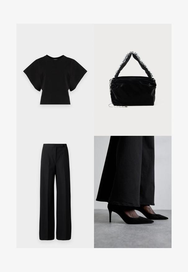 Crna skraćena majica od pamuka s kratkim, širokim rukavima i okruglim izrezom, s glatkom teksturom i minimalističkim dizajnom.; Hlače širokih nogavica crne boje sa glatkom, mat teksturom. Ravan pojas bez vidljivih dodataka ili uzoraka. Jednostavan i elegantan dizajn.; Crne suède cipele na visokom petu s šiljastim vrhovima, uparene s crnim hlačama širokih nogavica, imaju elegantan dizajn i suptilan sjaj.; Crna torbica od umjetne kože s teksturiranim završetkom, koja sadrži perlicu srebrnu detalj duž gornje ručke i lančanu naramenicu.