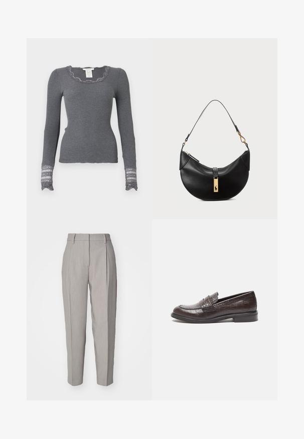 Grauer, langärmliger Ripp-Oberteil mit gewelltem Halsausschnitt und mit Spitze verzierten Bündchen, das ein strukturiertes Muster aufweist.; Hellegraue maßgeschneiderte Hose mit glatter Textur, gefälteltem Vorderteil und geradem Bein. Verfügt über Gürtelschlaufen und eine glänzende Oberfläche.; Dunkelbraune Lederloafers mit Krokodilstruktur, flachem Absatz und gesteppten Details an der Vorderseite für zusätzlichen Stil.; Schwarze Lederhandtasche in Halbmondform. Verfügt über eine goldene Hardware-Akzentuierung und einen schmalen Tragegurt. Sanfte Textur, Reißverschlussverschluss an der Oberseite.