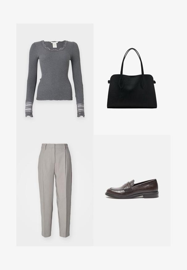 Šedý dlouhý rukáv triko s žebrovaným vzorem, s vlnkovaným výstřihem a krajkovými detaily na manžetách, s texturovaným vzorem.; Svetle šedé kalhoty na míru s hladkou texturou, záhybovým předním dílem a rovnou nohavicovou konstrukcí. Vybaveny poutky na opasek a lesklým povrchem.; Tmavě hnědé kožené mokasíny s krokodýlí texturou, nízkým podpatkem a prošitím na přední části pro zvýraznění designu.; Černá kožená kabelka s dvojitými ramenními popruhy, obdélníkový tvar a minimalistický design na bílém pozadí.