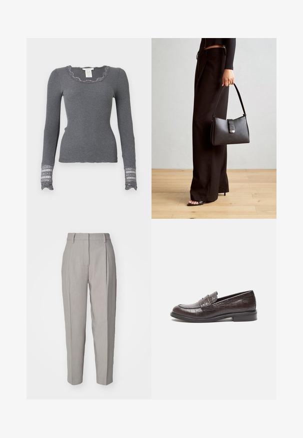 Tricou lung cu mânecă gri, din material ribat, cu decolteu cu margini ondulate și manșete accente cu dantelă, având un model texturat.; Pantaloni personalizați de culoare gri deschis, cu o textură netedă, față pliată și design drept. Prezintă bucle pentru curea și un finisaj lustruit.; Mocasini din piele maro închis cu textură de crocodil, toc mic și detalii cusute în față pentru un design suplimentar.; Genți negre cu o formă structurată, textură netedă și un închizător metalic. Asortată cu pantaloni negri largi și sandale cu vârf deschis pe un podea din lemn.