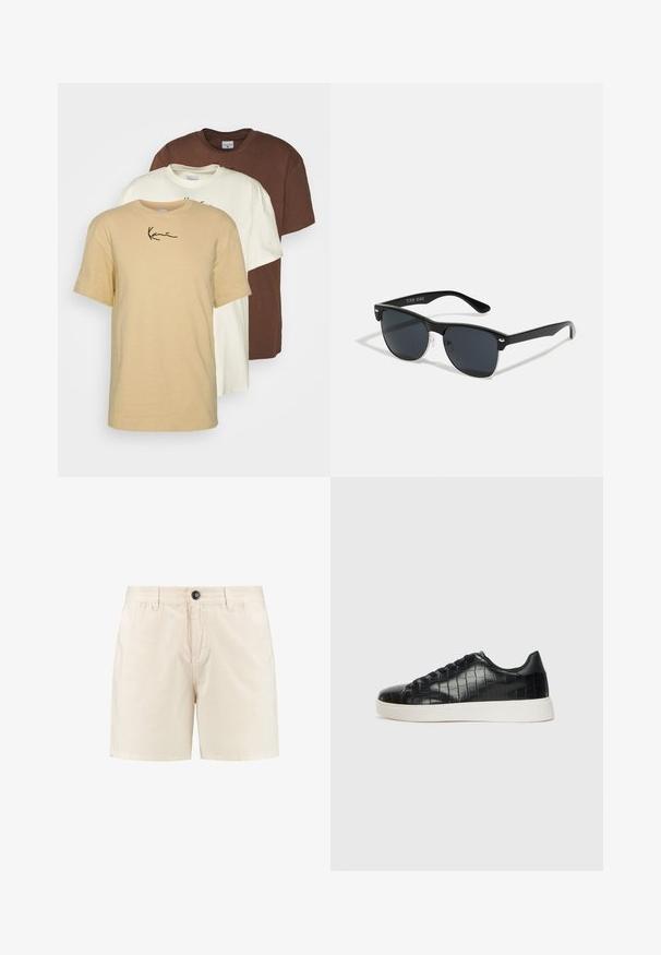 Tri kratke majice s kratkimi rokavi v bež, smetanovi in rjavi barvi. Bombažna tkanina s krožnim ovratnikom in minimalističnim napisom na bež majici.; Beige bombažne kratke hlače z gumbom za zapiranje, elastičnim pasom in stranskimi žepi. Preprost dizajn s ravnim krojem in brez vidnih vzorcev.; Črne športne copate z zgornjim delom iz teksturirane usnjene tkanine s kroko, zaobljenim nosom in kontrastnim belim gumijastim podplatom z gladko površino.; Črne sončne naočare pravokotne oblike, temna leča, srebrni detajli na ušesih in mat površina na okvirju.