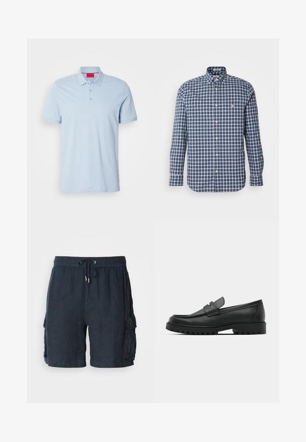 Polo de culoare albastră deschisă, din bumbac, cu guler, clapetă cu trei nasturi și logo brodat pe piept. Mâneci scurte.; Cămașă cu carouri albastre și albe, cu guler, mâneci lungi și un logo pe buzunar. Material din bumbac cu un model de carouri uniform.; Şorturi cargo pentru bărbați, de culoare bleumarin închis, realizate dintr-un material ușor, având un talie elastică cu șnur și două buzunare laterale.; Mocasini din piele neagră cu vârful rotunjit, având un design cusut, talpă joasă și o talpă din cauciuc texturat, cu crampoane.
