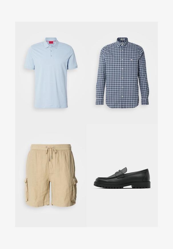Hele sinine puuvillane polo-särk, millel on krae, kolm nööpi ja tikandiga logo rinnal. Lühikesed varrukad.; Sinine ja valge ruuduline nööpauguga särk, millel on krae, pikad varrukad ja taskulogo. Puuvillane materjal, millel on ühtlane ruuduline muster.; Beežid lahedad lühikesed püksid kerge kangaga, millel on elastne vöökoht ja nöör. Omab kahte küljetaskut ja tekstuurset viimistlust.; Mustad musta nahast loafers, millel on ümar varvas, tikandiga disain, madal platvorm-soon ja tekstureeritud, soonikkummist välistald.