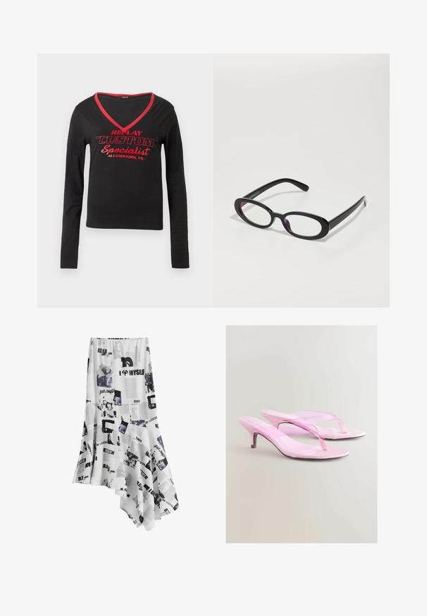 Maglietta nera a maniche lunghe con scollatura a V, bordo del collo rosso e testo stampato in rosso audace che dice "REPLAY CUSTOM Specialist Allentown, PA."; Gonna asimmetrica bianca con un design stampato con testo e immagini neri, realizzata in tessuto leggero. I bordi sono finemente rifiniti.; Sandali con tacco rosa con finitura lucida, caratterizzati da un design a fascia e un sottile tacco metallico. Texture liscia e stile minimalista.; Occhiali ovali neri con lenti trasparenti, caratterizzati da una finitura liscia e tempie larghe. Le lenti presentano una leggera sfumatura viola. Logo sul lato.