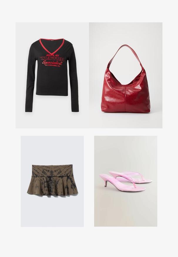 Crna majica dugih rukava s V-izrezom, crvenim obrubom na izrezu i odvažnim crvenim ispisanim tekstom "REPLAY CUSTOM Specialist Allentown, PA."; Smeđa tie-dye suknja s raširenim donjim dijelom i uskim strukom, s crnim naglascima u zavojitom uzorku. Izrađena je od mekog rastezljivog materijala.; Ružičaste sandale na petu s sjajnom završnom obradom, s dizajnom remenčića između prstiju i tankim metalnim potpeticama. Glatka tekstura i minimalistički stil.; Crvena kožna hobo torba s mekom, teksturiranom površinom, jednim remenom za rame i zaobljenim, opuštenim oblikom.