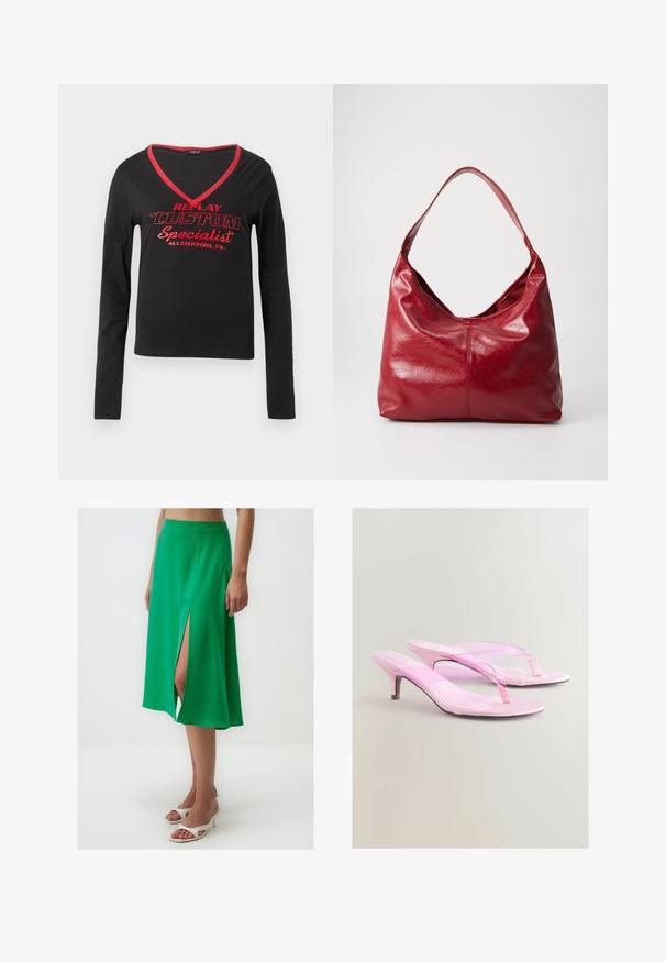 Schwarzes Langarmshirt mit V-Ausschnitt, rotem Kragenbesatz und auffälligem roten Drucktext mit der Aufschrift "REPLAY CUSTOM Spezialist Allentown, PA."; Grüne Satin-Midi-Rock mit einem hohen Schlitz auf einer Seite, fließende Silhouette und glatte Textur. Kombiniert mit weißen Blockabsatzsandalen.; Rosa Absatzsandalen mit gläzendem Finish, die ein Zehensteg-Design und einen schmalen, metallischen Absatz aufweisen. Glatte Textur und minimalistischer Stil.; Rote Leder-Hobo-Tasche mit einer weichen, strukturierten Oberfläche, einem einzelnen Schulterriemen und einer runden, lässigen Form.