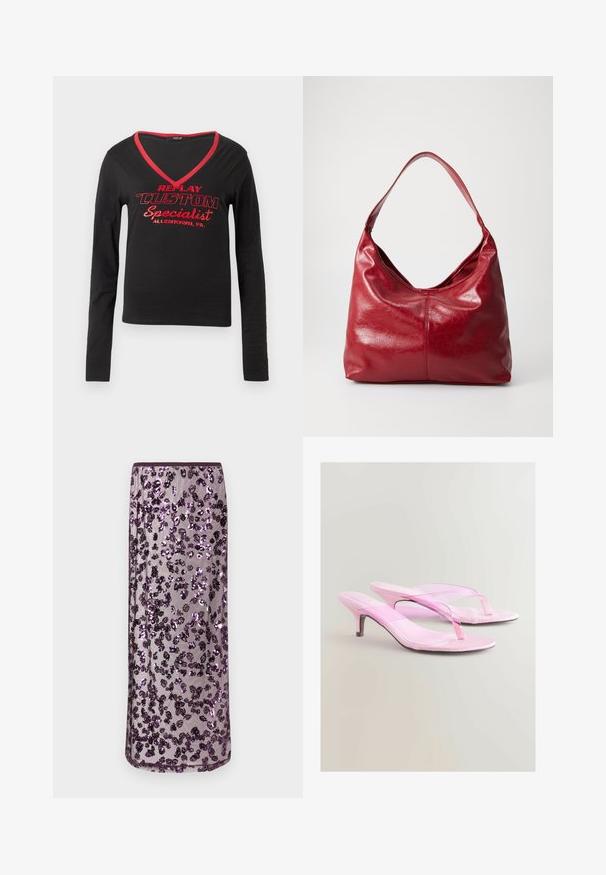 Fekete, hosszú ujjú póló V-kivágással, piros nyaki díszítéssel és feltűnő piros nyomtatott szöveggel, amely a következőket tartalmazza: "REPLAY CUSTOM Specialist Allentown, PA."; Hosszú, áttetsző szoknya lila és fekete virágmintás flitterekkel, világoslila tüll anyagon.; Rózsaszín, fényes felületű sarkú szandál, amely thong pántos dizájnnal és vékony fém sarka van. Simább textúra és minimalista stílus.; Piros bőr hobo táska puha, texturált felülettel, egyetlen vállpánttal és lekerekített, laza formával.