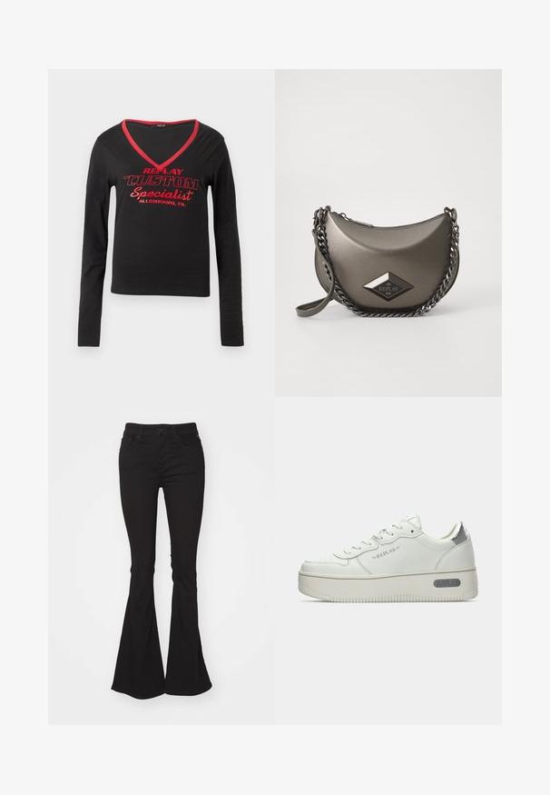 Schwarzes Langarmshirt mit V-Ausschnitt, rotem Kragenbesatz und auffälligem roten Drucktext mit der Aufschrift "REPLAY CUSTOM Spezialist Allentown, PA."; Schwarze, weite Jeans mit hoher Taille, mit einem standardmäßigen Knopf- und Reißverschluss, zwei Vordertaschen und einem leicht strukturierten Stoff.; Weiße Leder-Sneaker mit strukturiertem Sohlenbereich, ausgestattet mit einem silbernen metallic Absatz und "REPLAY"-Branding an der Seite. Minimalistisches Design.; Metallisch graue Umhängetasche in Halbmondform, mit einer Kettenriemen und einem Diamant-Logo-Patch. Glatte Oberfläche und Reißverschlussverschluss.