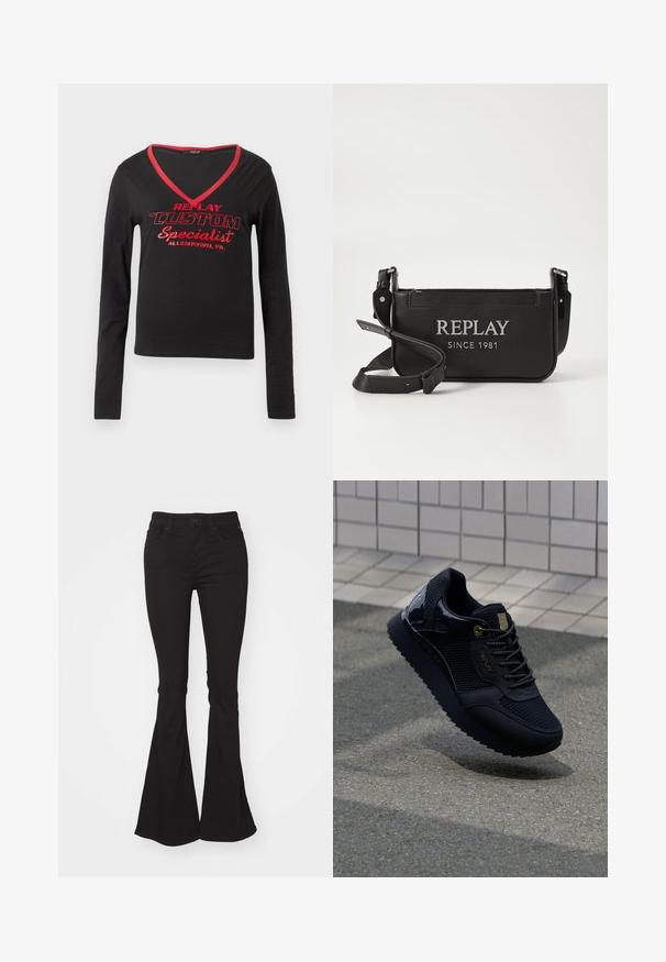 Svart langermet skjorte med V-hals, rød kanting rundt halsen, og fet rød tekst som sier "REPLAY CUSTOM Specialist Allentown, PA."; Svarte flagrende jeans med høy livhøyde, med standard knapp og glidelås-lukking, to frontlommer og et litt teksturert stoff.; Svarte joggesko med overdel i mesh, glinsende detaljer, gull hardware, teksturert såle og polstret krage for komfort.; Svart tverrveske laget av syntetisk materiale, med den pregete teksten "REPLAY SINCE 1981" i sølv. Justerbar stropp med metallaccent.