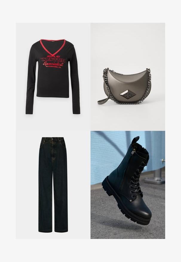 Juodas ilgomis rankovėmis marškinėliai su V formos dekoltė, raudonu apykaklės apvadu ir ryškiu raudonu užrašu "REPLAY CUSTOM Specialist Allentown, PA."; Aukštai juosmens plačiakojai tamsiai mėlynos džinsinės kelnės su priekiniais mygtukais ir užtrauktuku, diržo kilpomis bei priekinėmis kišenėmis.; Juodos odinės kulkšninių batų, turinčių raištelių dizainą, šoninę užtrauktuką, tekstūruotą paviršių ir tvirtą padą su aiškiu protektoriumi.; Metaliniu pilku kryžmine rankine, pusmėnulio forma, turinti grandinėlės dirželį ir deimanto logotipo etikėtę. Lygus paviršius ir užtrauktuko uždarymas.