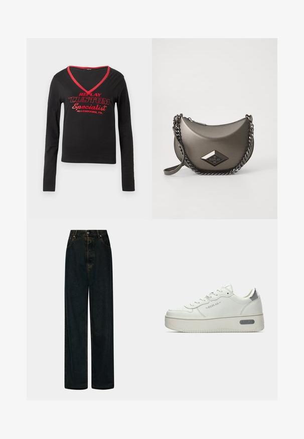 Black long-sleeve shirt featuring a V-neck, red neckline trim, and bold red printed text stating "REPLAY CUSTOM Specialist Allentown, PA."; High-waisted wide-leg dark blue denim jeans with front button and zipper closure, belt loops, and front pockets.; White leather sneakers with a textured sole, featuring a silver metallic heel tab and "REPLAY" branding on the side. Minimalist design.; Metallic gray crossbody bag with a half-moon shape, featuring a chain strap and a diamond logo patch. Smooth finish and zipper closure.