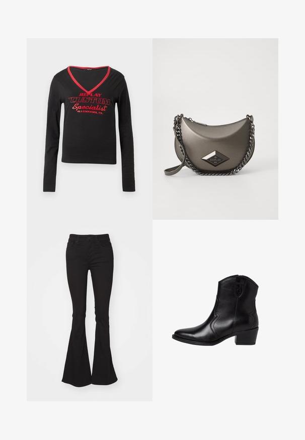 Μαύρο μακρυμάνικο πουκάμισο με V-λαιμόκοψη, κόκκινη περίσφυρη σε λαιμό και bold κόκκινο κείμενο που δηλώνει "REPLAY CUSTOM Specialist Allentown, PA."; Μαύρα φαρδιά τζιν με ψηλή μέση, διαθέτουν κλασικό κλείσιμο με κουμπί και φερμουάρ, δύο μπροστινές τσέπες και ελαφρώς υφασμάτινη υφή.; Μαύρες δερμάτινες μπότες μέχρι τον αστράγαλο με μυτερή μύτη, καμπύλες ραφές στα πλάγια και χαμηλό, τετράγωνο τακούνι. Διαθέτουν κλείσιμο με φερμουάρ και λεία υφή.; Μεταλλική γκρι τσάντα χιαστί σε σχήμα μισού φεγγαριού, με αλυσίδα για λουρί και λογότυπο διαμαντιού. Λείος φινίρισμα και κλείσιμο με φερμουάρ.