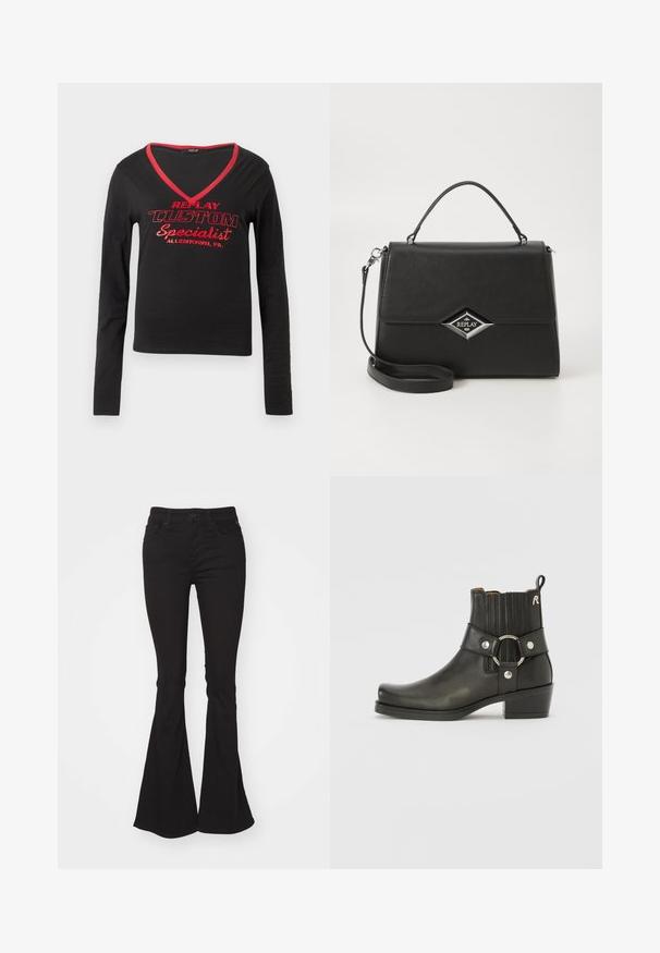 Black long-sleeve shirt featuring a V-neck, red neckline trim, and bold red printed text stating "REPLAY CUSTOM Specialist Allentown, PA."; Black flared jeans with a high waist, featuring a standard button and zipper closure, two front pockets, and a slightly textured fabric.; Black leather ankle boot with a rounded toe, ribbed elastic sides, a metallic ring accent, and a low block heel.; Black synthetic handbag with a structured design, top handle, detachable shoulder strap, and silver diamond-shaped logo on the front.