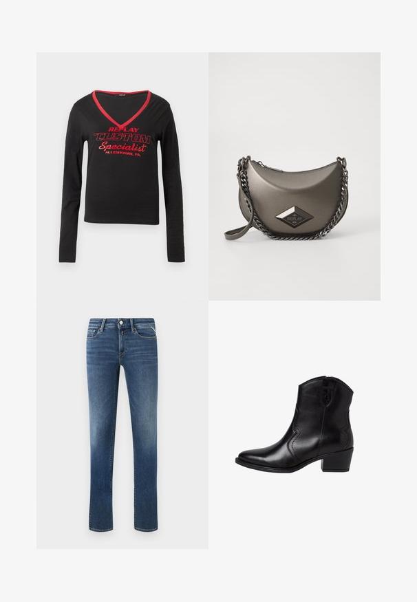 Črna majica z dolgimi rokavi z V-izrezom, rdečim obrobo na izrezu in drzno rdečim napisom "REPLAY CUSTOM Specialist Allentown, PA."; Temno modri kavbojke z ravnimi hlačnicami, srednjim pasom, sprednjimi žepi in klasičnim šivanjem. Imajo kovinsko gumb in zadrgo za zapiranje.; Črne usnjene gležnjarje s koničastim nosom, ukrivljenimi stranskimi šivi in nizko, blokastim peto. Imajo zadrgo in gladko teksturo.; Metalno sivo torbico čez ramo v obliki polmeseca, opremljeno s verižnim trakom in označbo z diamantom. Gladka površina in zadrga.