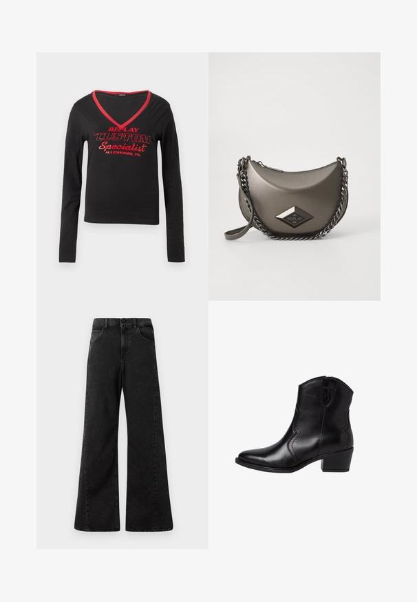 Black long-sleeve shirt featuring a V-neck, red neckline trim, and bold red printed text stating "REPLAY CUSTOM Specialist Allentown, PA."; High-waisted black denim jeans with a wide leg design, featuring front pockets and a button closure at the waist.; Black leather ankle boots with a pointed toe, curved side seams, and a low, block heel. Features a zip closure and a smooth texture.; Metallic gray crossbody bag with a half-moon shape, featuring a chain strap and a diamond logo patch. Smooth finish and zipper closure.