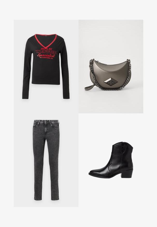 Fekete, hosszú ujjú póló V-kivágással, piros nyaki díszítéssel és feltűnő piros nyomtatott szöveggel, amely a következőket tartalmazza: "REPLAY CUSTOM Specialist Allentown, PA."; Fekete farmernadrág slim fit fazonnal, öt zsebbel és fémből készült gombos záródással. Hasított textúrával és finom fakulással rendelkezik.; Fekete bőr bokacsizma hegyes orral, ívelt oldals seam- ekkel és alacsony, blokksarkúval. Övvel záródik és sima textúrájú.; Fémes szürke, félhold alakú keresztbody táska lánc pánttal és gyémánt logóval. Simára polírozott felület és cipzáras záródás.