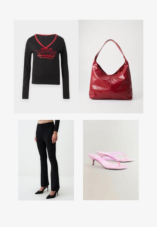 Zwarte longsleeve met V-hals, rode halslijn, en gedurfde rode opdruk met de tekst "REPLAY CUSTOM Specialist Allentown, PA."; Zwarte flare-broek met een golvend textuurpatroon. Gemaakt van rekbaar materiaal, met een hoge tailleband en gecombineerd met zwarte hakken.; Roze gestepte sandalen met een glanzende afwerking, voorzien van een thong-strap ontwerp en een slanke metallic hak. Soepele textuur en minimalistische stijl.; Rode leren hobo tas met een zachte, textuur oppervlak, een enkele schouderband en een ronde, slungelige vorm.