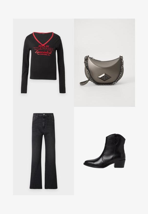 Czarna koszula z długim rękawem z dekoltem w kształcie V, z czerwonym wykończeniem dekoltu i wyboldowanym, czerwonym napisem "REPLAY CUSTOM Specialist Allentown, PA."; Czarne dżinsy dzwony z denimu, z wysokim stanem, dwoma przednimi kieszeniami oraz delikatnym efektownym przetarciem. Pięć szlufek na pasek oraz klasyczne metalowe zapięcie na guzik.; Czarne skórzane botki za kostkę z szpiczastym noskiem, zaokrąglonymi szwami bocznymi i niskim, kwadratowym obcasem. Posiadają zamek błyskawiczny oraz gładką fakturę.; Metaliczna szara torebka na ramię w kształcie półksiężyca, z łańcuchowym paskiem i naszywką z diamentowym logo. Gładkie wykończenie i zamek błyskawiczny.