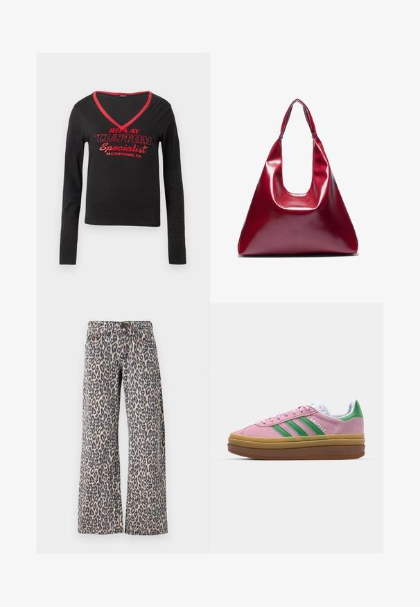 Melnas garām piedurknēm krekls ar V veida kakla izgriezumu, sarkanu kakla apdari un spilgti sarkanu drukātu tekstu "REPLAY CUSTOM Specialist Allentown, PA."; Lāču raksta džinsi ar platām kājām, aprīkoti ar pogu aizdari un jostu cilpiņām. Audumam ir gluda tekstūra.; Rozā zamša kedas ar zaļām svītrām, baltām akcentiem un brūnu gumijas zoli. Izstrādātas ar teksturētu audumu un logotipa detaļām sānos.; Sarkani spīdīgi ādas rokassomu ar triāla formu, plašu augšējo atveri un vienu izliekta roktura. Gluda tekstūra ar minimāliem šuvju detalizējumiem.; Sudraba gredzenveida auskari ar savītu dizainu, kas ir ar pulētu apdari un ar aizmugurēju fiksāciju. Izmērs ir aptuveni 3 cm diametrā.