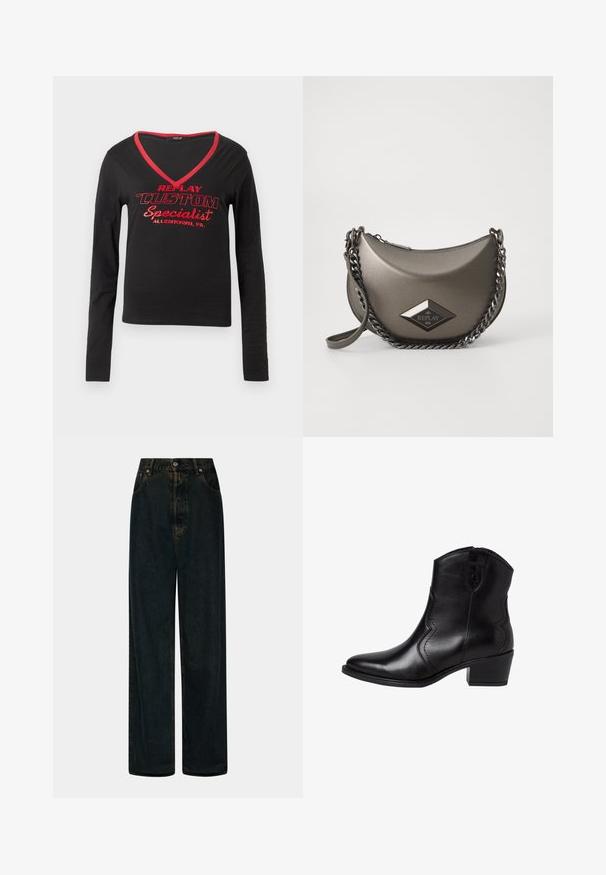 Camisa preta de manga longa com decote em V, com acabamento em vermelho no decote e texto impresso em vermelho em destaque que diz "REPLAY CUSTOM Specialist Allentown, PA."; Jeans de ganga azul escuro de perna larga e alta na cintura, com fecho frontal de botão e zip, passadores de cinto e bolsos frontais.; Botas de tornozelo em couro preto com bico pontiagudo, costuras laterais curvas e um salto bloco baixo. Apresentam um fecho com zip e uma textura suave.; Bolsa cruzada cinza metálica com formato de meia-lua, apresentando uma alça de corrente e um emblema de logotipo em forma de diamante. Acabamento liso e fecho com zíper.