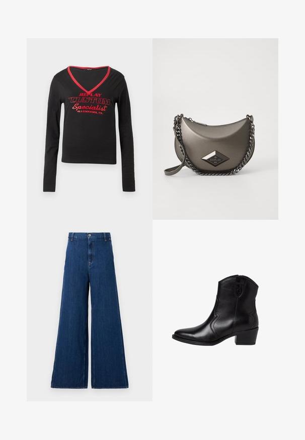 Svart langermet skjorte med V-hals, rød kanting rundt halsen, og fet rød tekst som sier "REPLAY CUSTOM Specialist Allentown, PA."; Replay PANTS - Jeans straight leg - dark blue; Sorte lær ankle boots med spiss tå, buede sidesømmer og en lav, blokk hæl. Har glidelås lukking og en jevn tekstur.; Metallisk gråtverrsiktig veske med halvmåneform, med kjedestropper og et diamantlogo-patch. Glatt overflate og glidelås.