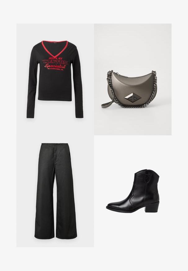 Črna majica z dolgimi rokavi z V-izrezom, rdečim obrobo na izrezu in drzno rdečim napisom "REPLAY CUSTOM Specialist Allentown, PA."; Črne široke hlače z visokim pasom in sprednjimi žepi, izdelane iz gladkega materiala, prikazane na enobarvni svetli ozadju.; Črne usnjene gležnjarje s koničastim nosom, ukrivljenimi stranskimi šivi in nizko, blokastim peto. Imajo zadrgo in gladko teksturo.; Metalno sivo torbico čez ramo v obliki polmeseca, opremljeno s verižnim trakom in označbo z diamantom. Gladka površina in zadrga.