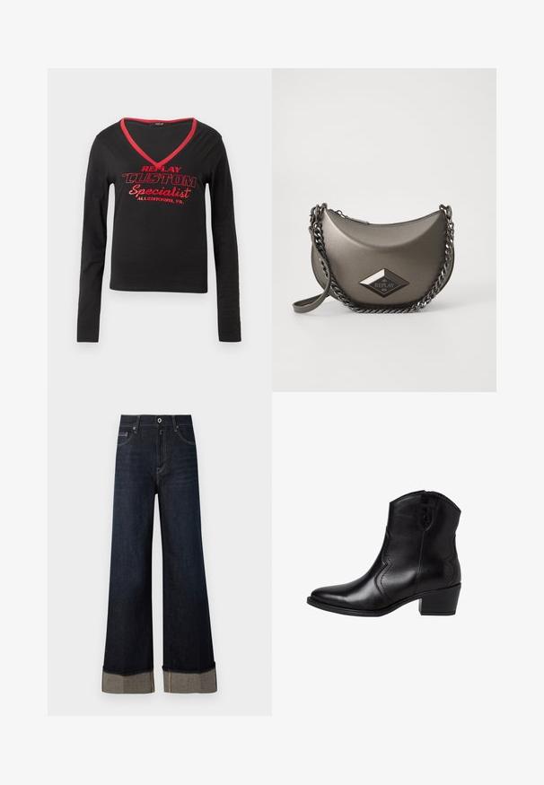 Črna majica z dolgimi rokavi z V-izrezom, rdečim obrobo na izrezu in drzno rdečim napisom "REPLAY CUSTOM Specialist Allentown, PA."; Temno modri hlače z visokim pasom in širokimi nogavicami z nepravilnim robom, s svetlo rjavimi šivi in prepogibom, ki razkriva kontrastno blago.; Črne usnjene gležnjarje s koničastim nosom, ukrivljenimi stranskimi šivi in nizko, blokastim peto. Imajo zadrgo in gladko teksturo.; Metalno sivo torbico čez ramo v obliki polmeseca, opremljeno s verižnim trakom in označbo z diamantom. Gladka površina in zadrga.