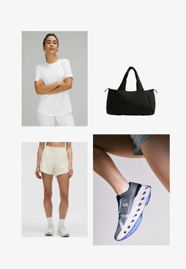 Biely tričko s krátkym rukávom vyrobené z hladkej tkaniny, s okrúhlym výstrihom a zakriveným spodným okrajom. Nosí sa s bielymi nohavicami.; Krémové športové šortky s elastickým pásom a bočnými vreckami. Tkanina sa zdá byť hladká a ľahká, vhodná na aktívne nosenie.; On CLOUDECLIPSE - Cestná bežecká obuv - black frost; Čierna taška cez rameno s nadýchavanou textúrou, vybavená dvojicou krátkych uch a bočnou vreckom zaisteným šnúrkou. Jednoduchý, uhlový dizajn.