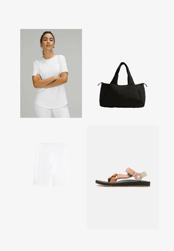 White short-sleeve t-shirt made of smooth fabric, with a round neckline and curved hem. Worn with white bottoms.; White bike shorts made of stretchy fabric, featuring an elastic waistband and a smooth, seamless design. Mid-thigh length.; Footwear: flat sandals with adjustable straps in peach, tan, and cream. Rubber sole with textured surface, brown accents, and black base.; Black tote bag with a puffy texture, featuring two short handles and a side pocket secured with a drawstring. Simple, angular design.