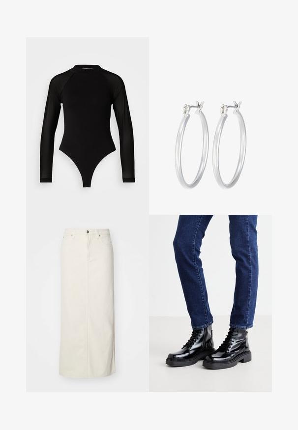 Melna garā piedurkne bodijs ar augstu apkakli, kurā ir blīvs audums uz ķermeņa un caurspīdīgas acs piedurknes, izstrādāts pieguļošā formā.; Balta džinsu midi svārku ar taisnu griezumu, priekšējo pogu aizdari un divām sānu kabatām. Iezīmē šuvju detaļas un diskrētu apakšmalas šķēlumu.; Melnas mirdzošas mežģīņu zābaki ar masīvu zoli, ar gludu faktūru un noapaļotiem purngaliem, valkāti ar tumši ziliem pieguļošiem džinsiem.; Sudraba riņķveida auss gredzeni ar gludu, pulētu apdari. Apaļa forma un drošs klikšķa augšējais slēgums. Viegls dizains, kas piemērots ikdienas valkāšanai.