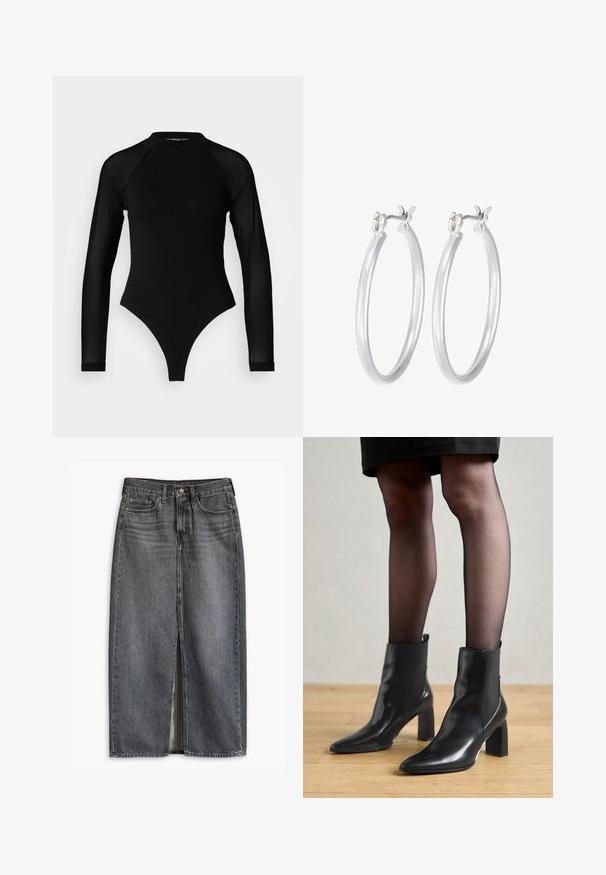 Čierny dlhý rukáv body s vysokým golierom, s pevným látkovým trupom a priehľadnými sieťovinovými rukávmi, navrhnuté v priliehavom strihu.; Džínová sukňa tmavosivej farby s predným rozparkom, piatimi vreckami a zapínaním na gombík. Vyrobená z pevnej látky s hladkou textúrou.; Čierne kožené členkové topánky s špicatou špičkou, robustný štvorcový opätok a elegantný dizajn. Obsahujú elastické bočné panely pre jednoduché obúvanie.; Strieborné kruhové náušnice s hladkým, lesklým povrchom. Kolový tvar a bezpečné klikanie na uzatváranie. Ľahký dizajn vhodný na každodenné nosenie.