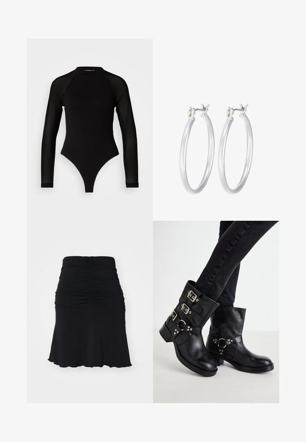 Čierny dlhý rukáv body s vysokým golierom, s pevným látkovým trupom a priehľadnými sieťovinovými rukávmi, navrhnuté v priliehavom strihu.; Noisy May NMSANDY RUCHED SHORT SKIRT VIP - sukňa v tvare A - black; Čierne kožené členkové čižmy so tromi prackami, zaoblenou špičkou a nízkym blokovým podpätkom. Dizajn obsahuje hladké a textúrované panely.; Strieborné kruhové náušnice s hladkým, lesklým povrchom. Kolový tvar a bezpečné klikanie na uzatváranie. Ľahký dizajn vhodný na každodenné nosenie.