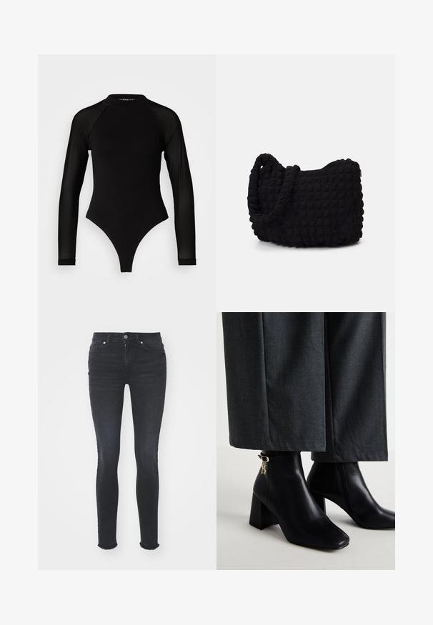 Schwarzer Langarm-Body mit hohem Kragen, bestehend aus festem Stoff im Torso und transparenten Netzärmel, entworfen in einer körperbetonten Form.; Schwarze Denim Skinny Jeans mit mittelhohem Bund, fünf Taschen und fransigem Saum. Der Stoff hat eine glatte Textur mit leichtem Stretch.; Schwarze Lederstiefeletten mit quadratischer Zehenform und Blockabsatz. Mit einem goldenen Logodetail am Riemen. Kombiniert mit grauen weit geschnittenen Hosen.; Schwarze Stofftasche mit einer strukturierten, gesteppten Oberfläche. Abgerundete Form, kurze, dicke Griffe und eine weiche, flexible Struktur.; Silberne Creolen mit einer glatten, polierten Oberfläche. Runder Form und sicherem Klickverschluss. Leichtes Design, geeignet für den täglichen Gebrauch.