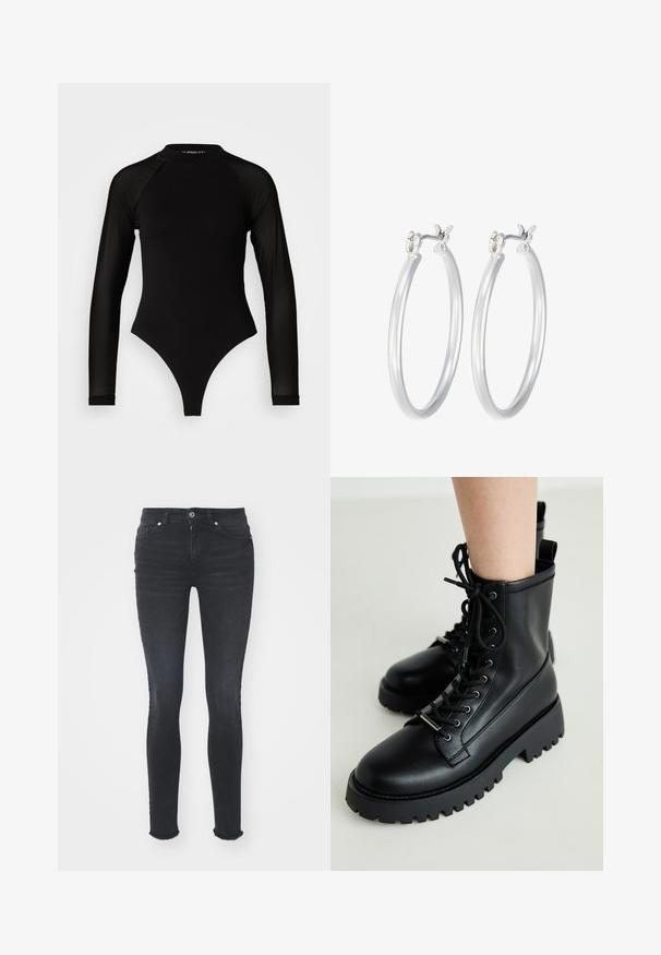 Melna garā piedurkne bodijs ar augstu apkakli, kurā ir blīvs audums uz ķermeņa un caurspīdīgas acs piedurknes, izstrādāts pieguļošā formā.; Melna denima pieguļošas džinsus ar vidēju jostas līmeni, piecām kabatām un frēzu apakšmalu. Audumam ir gluda tekstūra ar nelielu elastību.; Melnas auklējamās potītes, izgatavotas no gludas ādas. Masīva gumijas zole ar dziļiem rakstiem. Iekļauta cilpa uz papēža, lai viegli uzvilktu.; Sudraba riņķveida auss gredzeni ar gludu, pulētu apdari. Apaļa forma un drošs klikšķa augšējais slēgums. Viegls dizains, kas piemērots ikdienas valkāšanai.