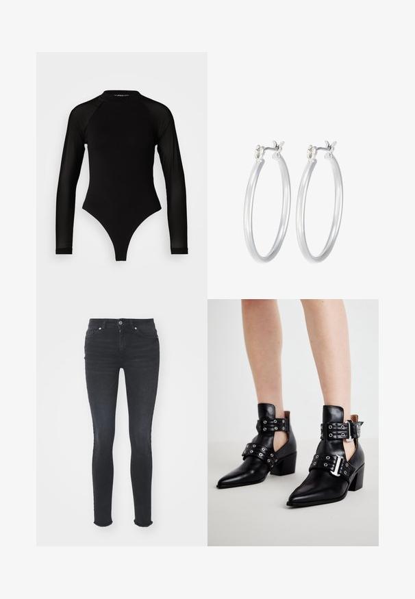 Czarny body z długim rękawem i wysokim dekoltem, wykonane z gładkiego materiału na torsie oraz przejrzystych siateczkowych rękawach, zaprojektowane w dopasowanym kształcie.; Czarne dżinsowe wąskie spodnie z średnim stanem, pięcioma kieszeniami i postrzępionym dołem. Tkanina ma gładką fakturę z delikatnym streczem.; Czarne skórzane botki za kostkę z zakończeniem w szpic, wyposażone w okucia w kształcie oczek oraz dwie regulowane klamry. Szersze obcasy zapewniają stabilność.; Srebrne kolczyki w formie kółek o gładkim, polerowanym wykończeniu. O okrągłym kształcie i pewnym zapięciu na klik. Lekka konstrukcja odpowiednia do codziennego noszenia.