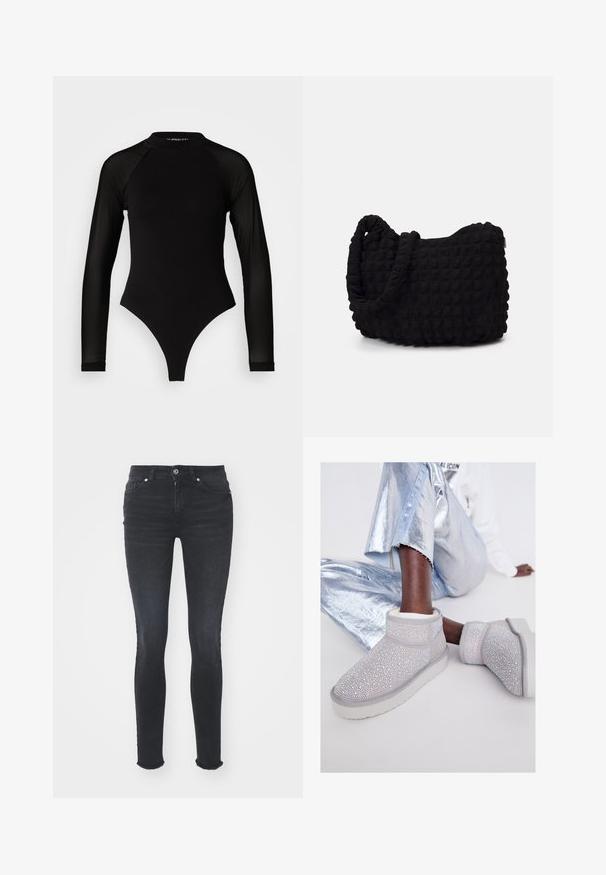 Melna garā piedurkne bodijs ar augstu apkakli, kurā ir blīvs audums uz ķermeņa un caurspīdīgas acs piedurknes, izstrādāts pieguļošā formā.; Melna denima pieguļošas džinsus ar vidēju jostas līmeni, piecām kabatām un frēzu apakšmalu. Audumam ir gluda tekstūra ar nelielu elastību.; Pelēki zamšādas potīšu zābaki, rotāti ar daudziem spīdīgiem rhinestones, ar baltu zoli un mīkstu odere, kombinēti ar metālisku sudrabainu biksēm.; Melnas auduma soma ar strukturētu, quiltotu rakstu. Apaļa forma, īsas, resnas rokturi un mīksta, elastīga konstrukcija.; Sudraba riņķveida auss gredzeni ar gludu, pulētu apdari. Apaļa forma un drošs klikšķa augšējais slēgums. Viegls dizains, kas piemērots ikdienas valkāšanai.