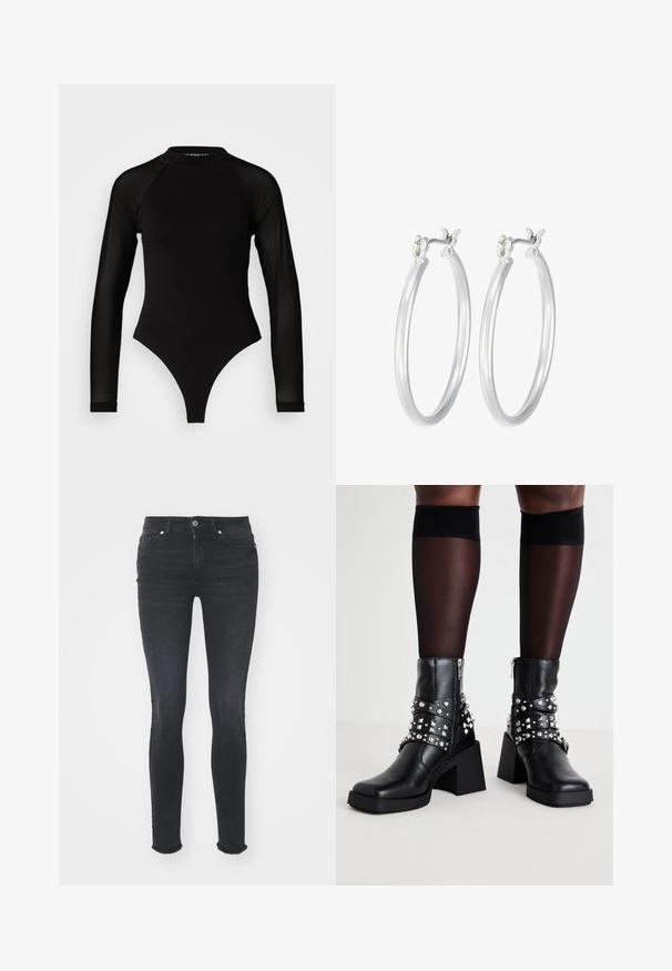 Črn bodi z dolgimi rokavi in visokim ovratnikom, ki ima trden material na trupu in prosojne mrežaste rokave, oblikovan v prilegajoči se silhueti.; Črne denim usnje s skinny krojem in srednjim pasom, petimi žepi in strganim robom. Tkanina ima gladko teksturo z rahlo elastičnostjo.; Črne gležnjarje z debelim peto, okrašene s srebrnimi žebljički in trakovi, ki so izdelane iz usnja z gladko teksturo in zadrgo.; Srebrni obroči za ušesa z gladko, polirano površino. Okrogla oblika in varna zaponka s klikom. Lahka zasnova, primerna za vsakodnevno nošenje.