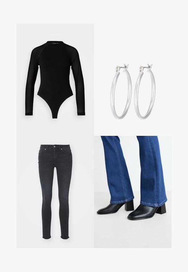 Juodas ilgomis rankovėmis bodis su aukštu kaklu, turintis tvirto audinio torso ir permatomų tinklinių rankovių, sukurtas prigludusio silueto.; Juodos džinsinės liesos kelnės su vidutinio aukščio liemeniu, penkiomis kišenėmis ir suplėšytu galiuku. Audinys turi lygų tekstūrą su nedideliu tamprumu.; Juodos odinės kulkšninių botai su kvadratuoju pirštu ir blokuota pakulne, derinami su mėlynomis džinsinėmis plėšytomis kelnėmis, kurių galai siuvinėti kontrastinga siūle.; Sidabriniai auskarai su sklandžiu, poliruotu paviršiumi. Apvalios formos ir saugus uždarymo mechanizmas. Lengvas dizainas, tinkantis kasdieniam dėvėjimui.