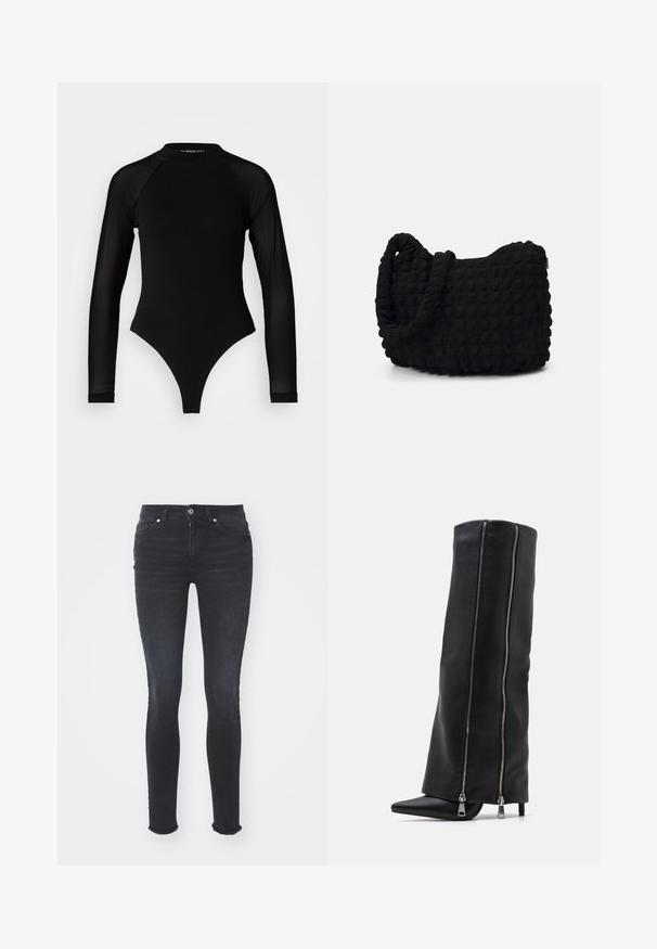 Czarny body z długim rękawem i wysokim dekoltem, wykonane z gładkiego materiału na torsie oraz przejrzystych siateczkowych rękawach, zaprojektowane w dopasowanym kształcie.; Czarne dżinsowe wąskie spodnie z średnim stanem, pięcioma kieszeniami i postrzępionym dołem. Tkanina ma gładką fakturę z delikatnym streczem.; Simmi London FRANK czarny; Czarna torba z materiału o fakturowanym, pikowanym wzorze. Owalny kształt, krótkie, grube rączki oraz miękka, elastyczna struktura.; Srebrne kolczyki w formie kółek o gładkim, polerowanym wykończeniu. O okrągłym kształcie i pewnym zapięciu na klik. Lekka konstrukcja odpowiednia do codziennego noszenia.