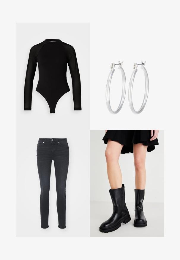 Melna garā piedurkne bodijs ar augstu apkakli, kurā ir blīvs audums uz ķermeņa un caurspīdīgas acs piedurknes, izstrādāts pieguļošā formā.; Melna denima pieguļošas džinsus ar vidēju jostas līmeni, piecām kabatām un frēzu apakšmalu. Audumam ir gluda tekstūra ar nelielu elastību.; Melni ādas potītes zābaki ar masīvu zoli, kas izceļas ar gludu tekstūru, sānu šuvēm un cilpu augšpusē vieglākai uzvilkšanai.; Sudraba riņķveida auss gredzeni ar gludu, pulētu apdari. Apaļa forma un drošs klikšķa augšējais slēgums. Viegls dizains, kas piemērots ikdienas valkāšanai.