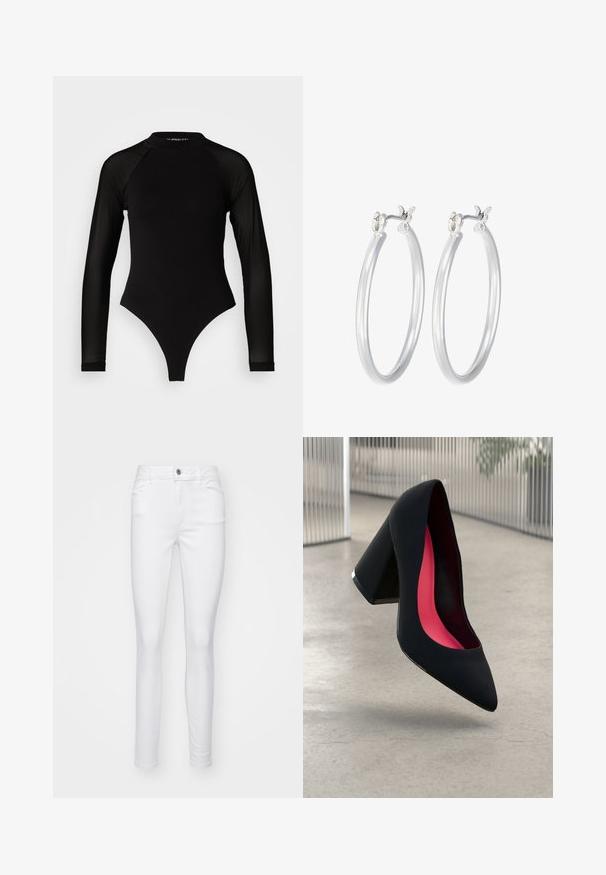 Mameluco negro de manga larga con cuello alto, que presenta tejido sólido en el torso y mangas de malla transparente, diseñado en una forma ajustada.; Jeans skinny blancos de mezclilla, con cierre de botón frontal, cinco bolsillos y una textura suave en toda la tela.; Zapato de tacón alto negro con puntera afilada, superficie texturizada y un interior de un rosa vibrante. Presenta un tacón grueso con un acento plateado.; Pendientes de aro de plata con un acabado liso y pulido. Forma redonda y cierre de click seguro. Diseño ligero adecuado para el uso diario.