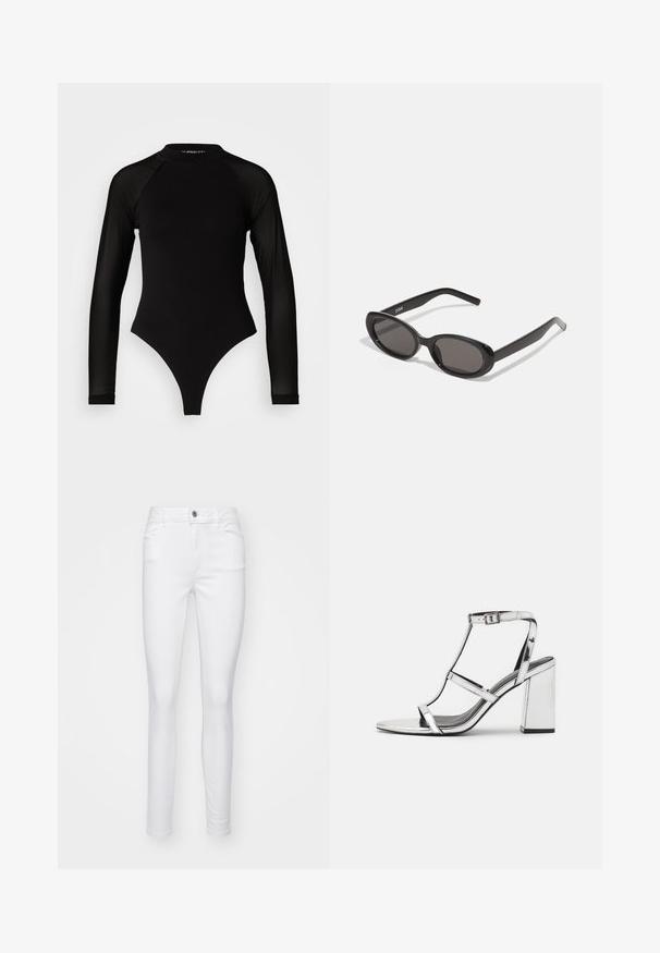 Juodas ilgomis rankovėmis bodis su aukštu kaklu, turintis tvirto audinio torso ir permatomų tinklinių rankovių, sukurtas prigludusio silueto.; Balti liekni džinsai, pagaminti iš džinsinio audinio, su priekiniais mygtukais, penkiomis kišenėmis ir lygiu audinio paviršiumi.; Sidabrinės metalinės aukštakulnės sandalai su T-formos dirželiu, reguliuojama kulkšnies sagtimi ir blokuotu kulnu, turintys lygų, atspindinčią paviršių.; Juodų ovalių saulės akinių rėmas su tamsiais lęšiais. Pagaminti iš blizgaus plastiko. Siauri šonai su apvaliais galais. Prekės ženklas "ZIGN" išspausdintas ant vieno šono.; Sidabriniai auskarai su sklandžiu, poliruotu paviršiumi. Apvalios formos ir saugus uždarymo mechanizmas. Lengvas dizainas, tinkantis kasdieniam dėvėjimui.