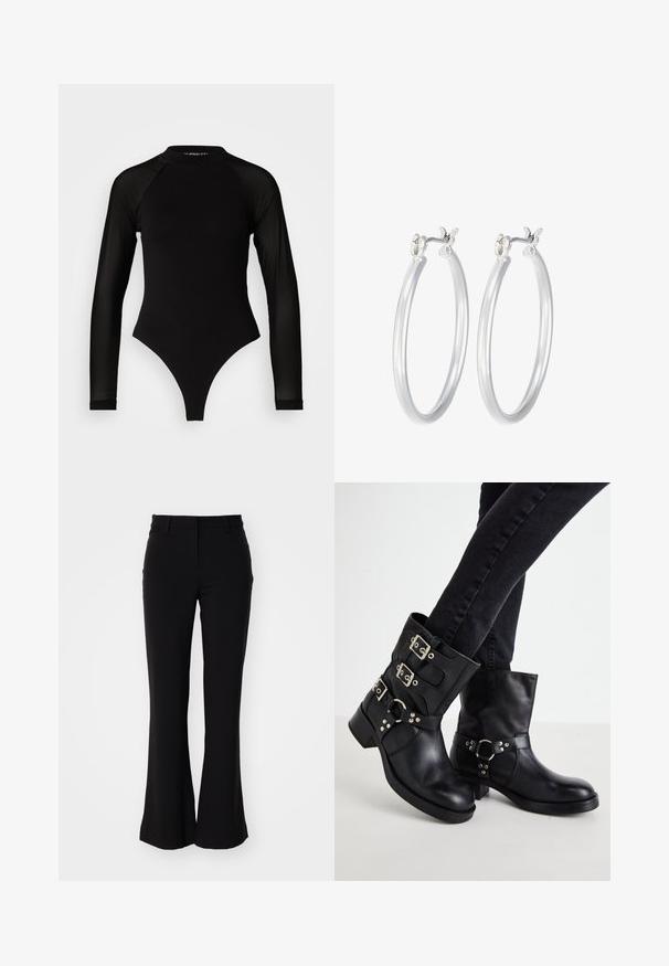 Čierny dlhý rukáv body s vysokým golierom, s pevným látkovým trupom a priehľadnými sieťovinovými rukávmi, navrhnuté v priliehavom strihu.; Čierne rozšírené nohavice z hladkej tkaniny, s pásom strednej výšky a bočnými vreckami, ktoré predvádzajú štíhly dizajn a strih na mieru.; Čierne kožené členkové čižmy so tromi prackami, zaoblenou špičkou a nízkym blokovým podpätkom. Dizajn obsahuje hladké a textúrované panely.; Strieborné kruhové náušnice s hladkým, lesklým povrchom. Kolový tvar a bezpečné klikanie na uzatváranie. Ľahký dizajn vhodný na každodenné nosenie.