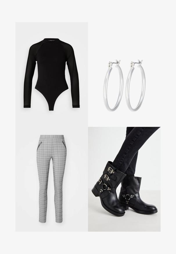 Zwart langemouwen bodysuit met hoge hals, met een ondoorzichtige stof op het lichaam en transparante mouwtjes, ontworpen in een fitted model.; Grijze geruite broeken met een slim fit, featuring een hoge taille en ritssluitingen aan de zijkanten. De stof heeft een gladde textuur en een gedetailleerd patroon.; Zwarte leren enkellaarzen met drie gesps accenten, ronde neus en een lage blokhak. Het ontwerp heeft gladde en gestructureerde panelen.; Zilveren oorbellen in de vorm van een gladde, gepolijste ring. Ronde vorm met een veilige kliksluiting. Lichtgewicht ontwerp, geschikt voor dagelijks gebruik.