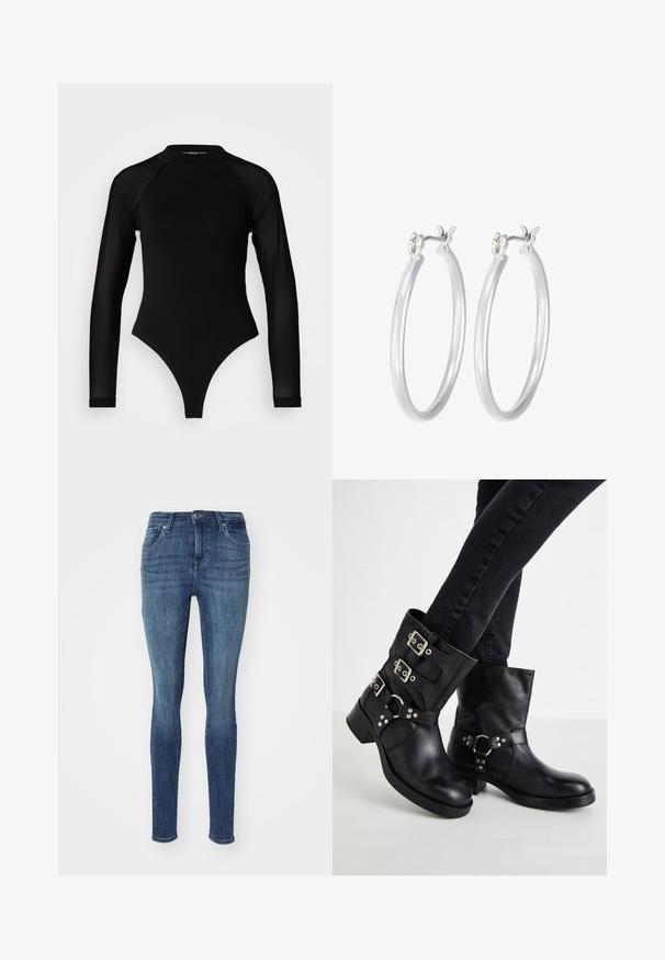 Mameluco negro de manga larga con cuello alto, que presenta tejido sólido en el torso y mangas de malla transparente, diseñado en una forma ajustada.; Jeans de corte slim, de tiro medio en denim azul oscuro. Con cinco bolsillos, cierre de botón y un leve desgaste para textura.; Botas de tobillo de cuero negro con tres hebillas, punta redondeada y un bajo tacón cuadrado. El diseño presenta paneles lisos y texturizados.; Pendientes de aro de plata con un acabado liso y pulido. Forma redonda y cierre de click seguro. Diseño ligero adecuado para el uso diario.