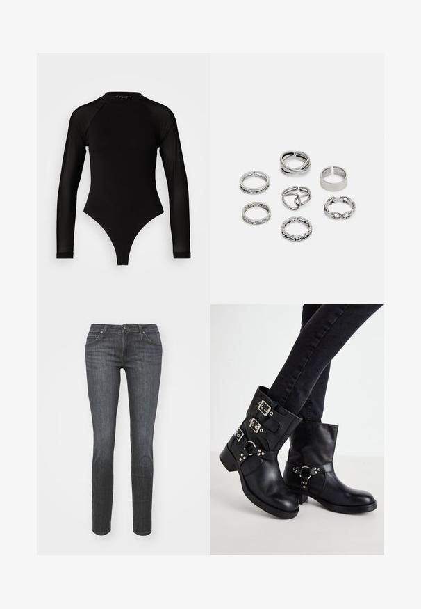 Μαύρο μακρυμάνικο κορμάκι με ψηλό λαιμό, που διαθέτει σταθερό ύφασμα στο κορμό και διαφανείς μανίκια από δίχτυ, σχεδιασμένο σε εφαρμοστή γραμμή.; Λεπτά τζιν σε σκούρο γκρι τζιν, με κλασικό σχέδιο πέντε τσέπες, θηλιές ζώνης, φερμουάρ και διακριτική ξεθώριαση για υφή.; Μαύρες δερμάτινες μποτάκια μέχρι τον αστράγαλο με τρία διακοσμητικά λουριά, στρογγυλή μύτη και χαμηλό τακούνι. Ο σχεδιασμός περιλαμβάνει λείες και υφασματικές επιφάνειες.; Σέτ από επτά ασημένιες δαχτυλιές με διάφορα σχέδια, συμπεριλαμβανομένων στριφτών, συνδεδεμένων και χαρακτών μοτίβων. Διαφορετικά σχήματα και πλάτη.